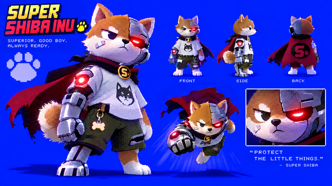 Super Inu character sheet showing his cape, cybernetic arm, and front, side, back, and flying poses