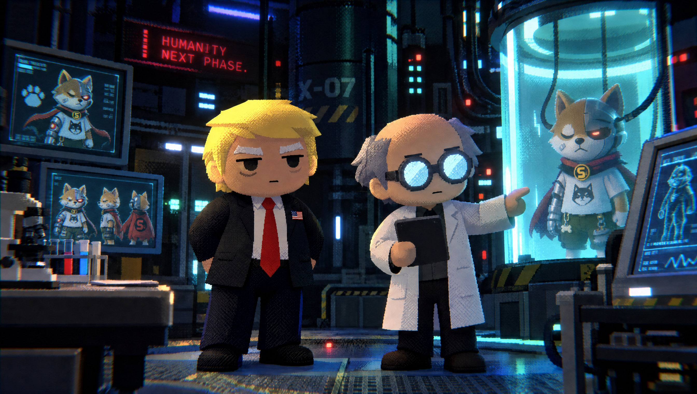 Fictional laboratory scene with a scientist pointing to Super Inu in a glowing chamber beside a stylized Donald Trump