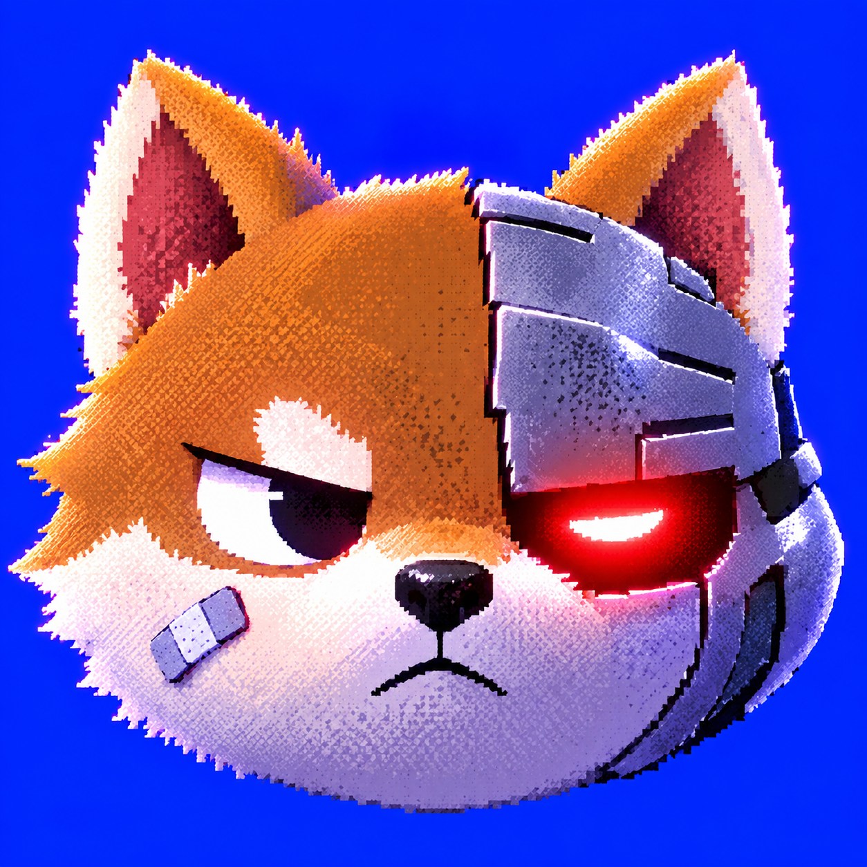 Super Inu, an orange Shiba with a silver cyborg face and glowing red eye